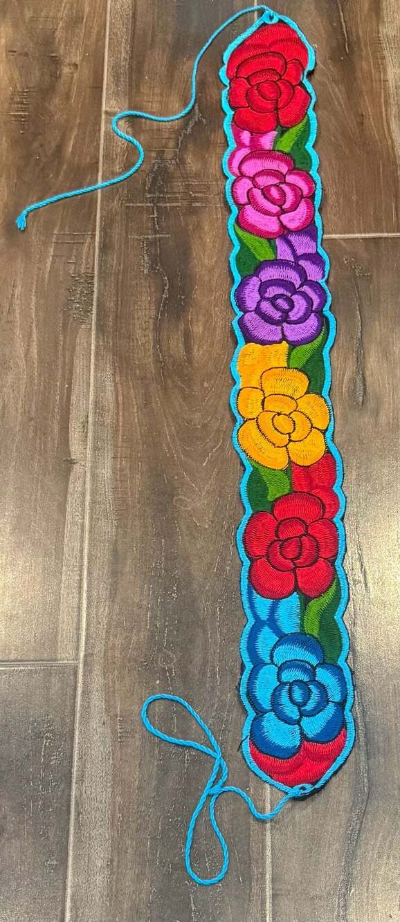 Handmade Floral Embroidered Mexican Faja Sash Belt